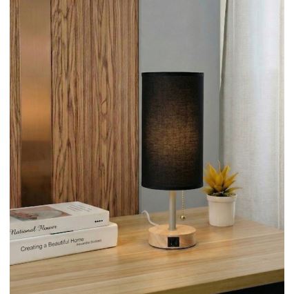 Brilagi - Asztali lámpa USB-porttal TABLON 1xE27/25W/230V tölgy/bézs/fekete
