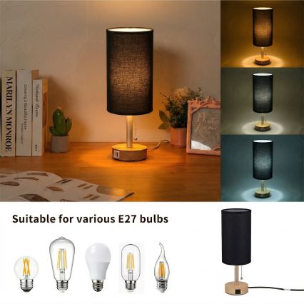 Brilagi - Asztali lámpa USB-porttal TABLON 1xE27/25W/230V tölgy/bézs/fekete