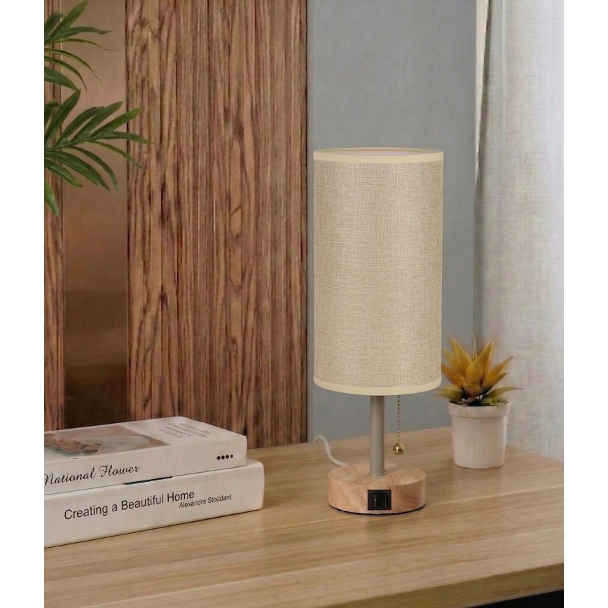 Brilagi - Asztali lámpa USB-porttal TABLON 1xE27/25W/230V tölgy/bézs