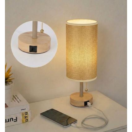 Brilagi - Asztali lámpa USB-porttal TABLON 1xE27/25W/230V tölgy/bézs