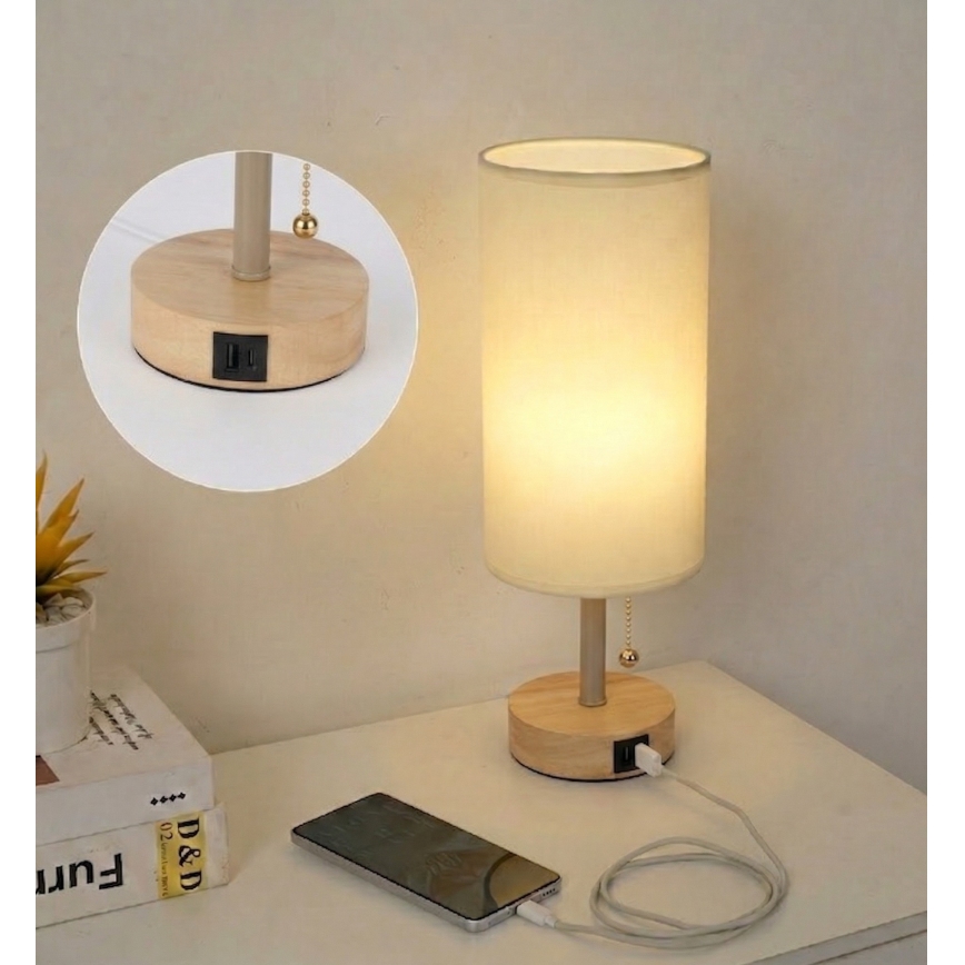 Brilagi - Asztali lámpa USB-porttal TABLON 1xE27/25W/230V tölgy/bézs/krém