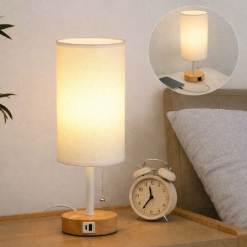 Brilagi - Asztali lámpa USB-porttal TABLON 1xE27/25W/230V tölgy/fehér