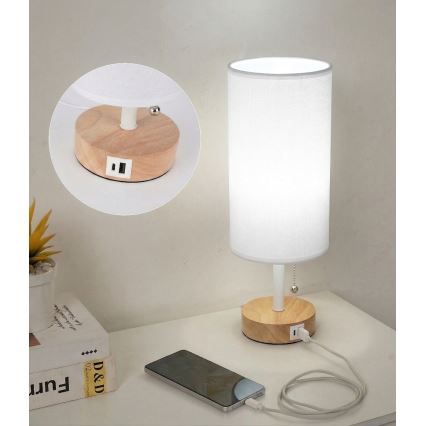Brilagi - Asztali lámpa USB-porttal TABLON 1xE27/25W/230V tölgy/fehér