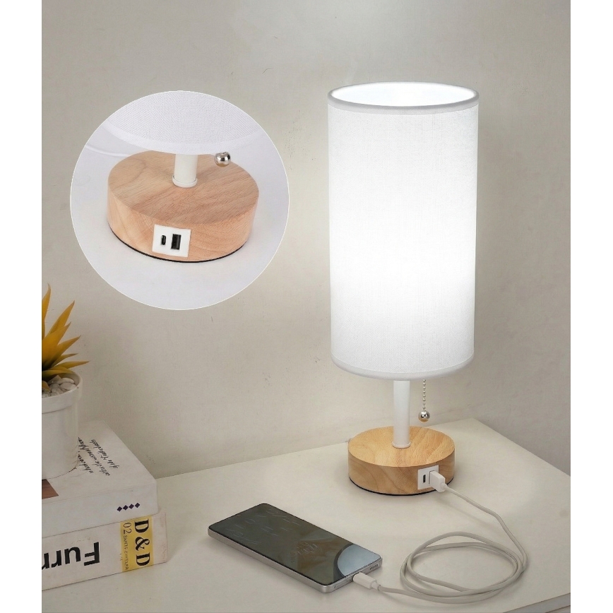 Brilagi - Asztali lámpa USB-porttal TABLON 1xE27/25W/230V tölgy/fehér