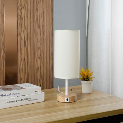 Brilagi - Asztali lámpa USB-porttal TABLON 1xE27/25W/230V tölgy/fehér/krém