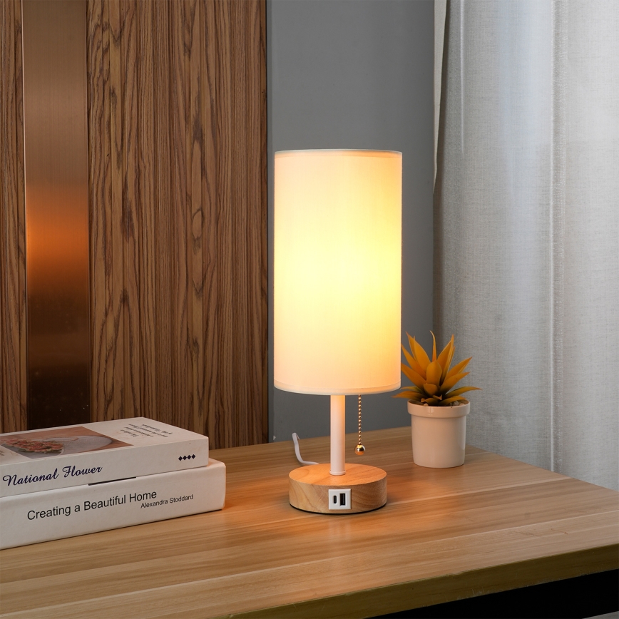 Brilagi - Asztali lámpa USB-porttal TABLON 1xE27/25W/230V tölgy/fehér/krém