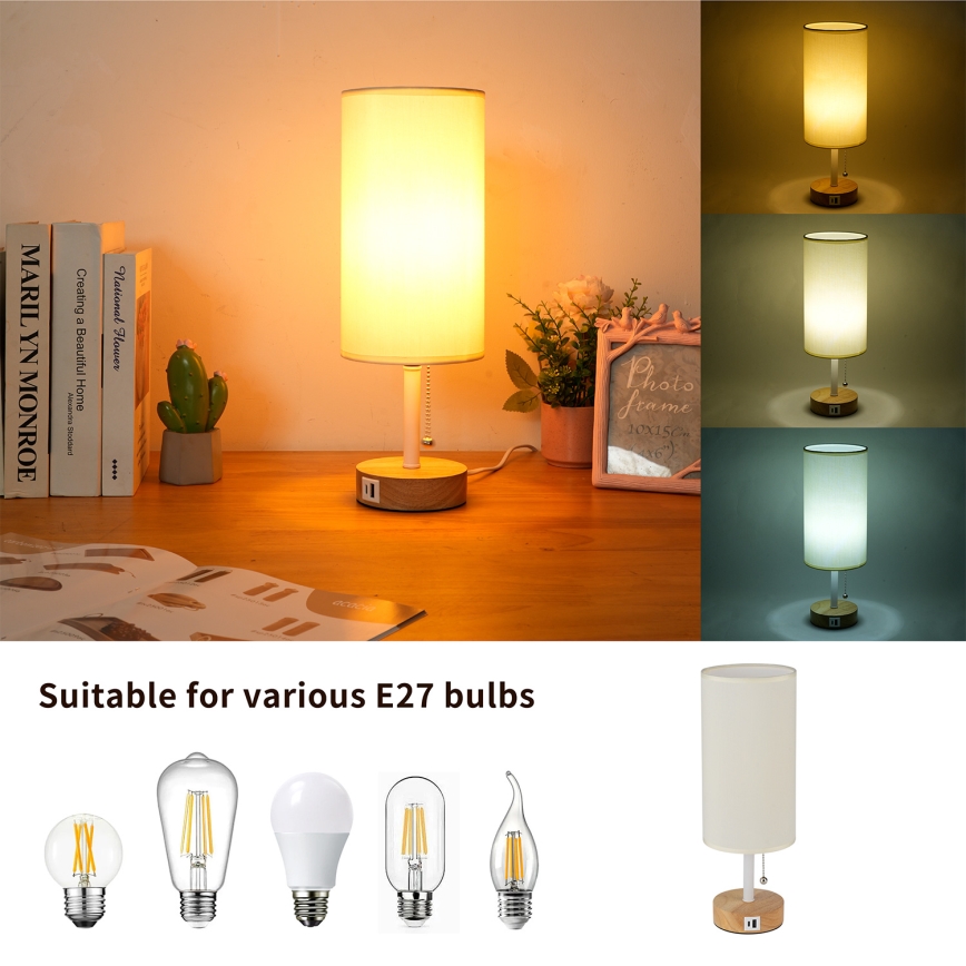 Brilagi - Asztali lámpa USB-porttal TABLON 1xE27/25W/230V tölgy/fehér/krém