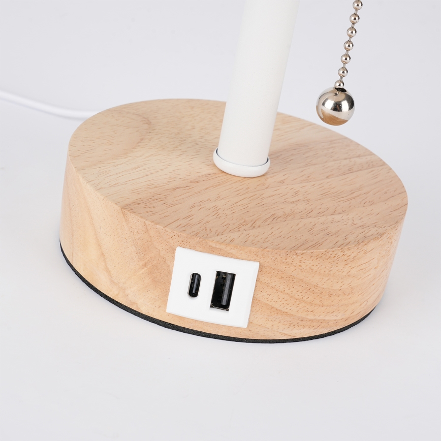 Brilagi - Asztali lámpa USB-porttal TABLON 1xE27/25W/230V tölgy/fehér/krém