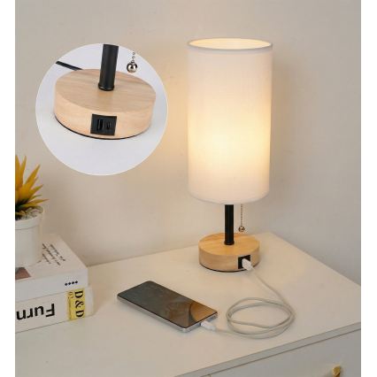 Brilagi - Asztali lámpa USB-porttal TABLON 1xE27/25W/230V tölgy/fekete/fehér