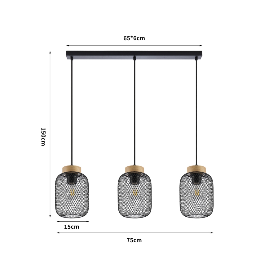 Brilagi - BASKLITE kábeles függeszték 3xE27/15W/230V fa/fekete