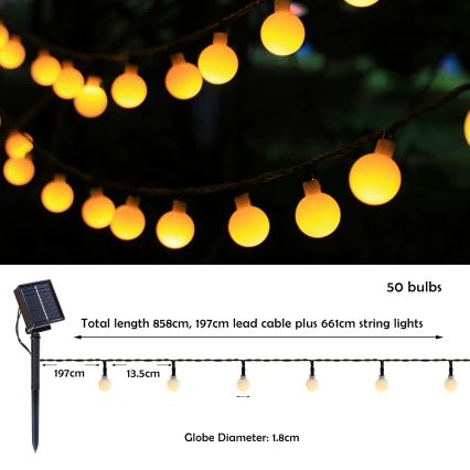 Brilagi - LED napelemes dekorációs fényfüzér BUBBLE 50xLED/8 üzemmód 7m IP65 meleg fehér 600 mAh