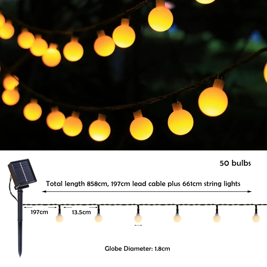 Brilagi - LED napelemes dekorációs fényfüzér BUBBLE 50xLED/8 üzemmód 7m IP65 meleg fehér 600 mAh