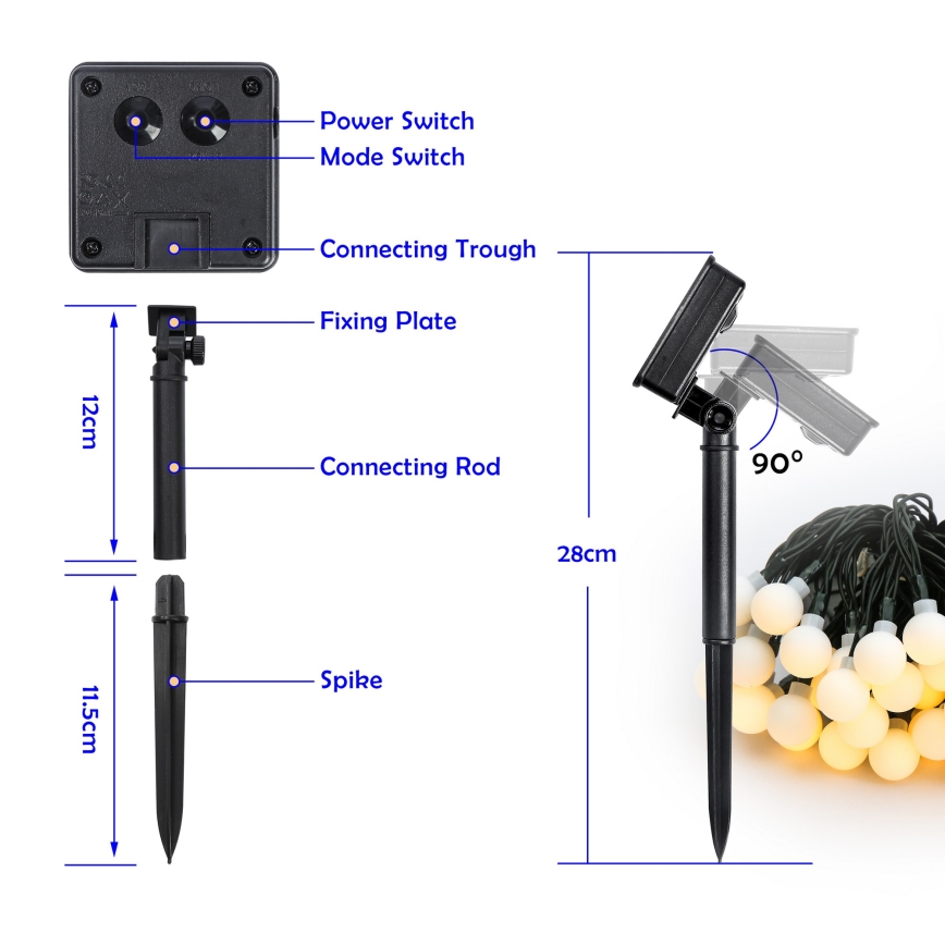 Brilagi - LED napelemes dekorációs fényfüzér BUBBLE 50xLED/8 üzemmód 7m IP65 meleg fehér 600 mAh