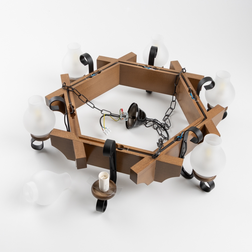 Brilagi - Csillár láncon QUEEN 6xE14/40W/230V bükkfa/dió