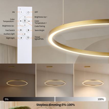 Brilagi - LED dimmelhető kábeles csillár PORTOFINO LED/60W/230V 3000-6000K Ø 80 cm arany + távirányítóval