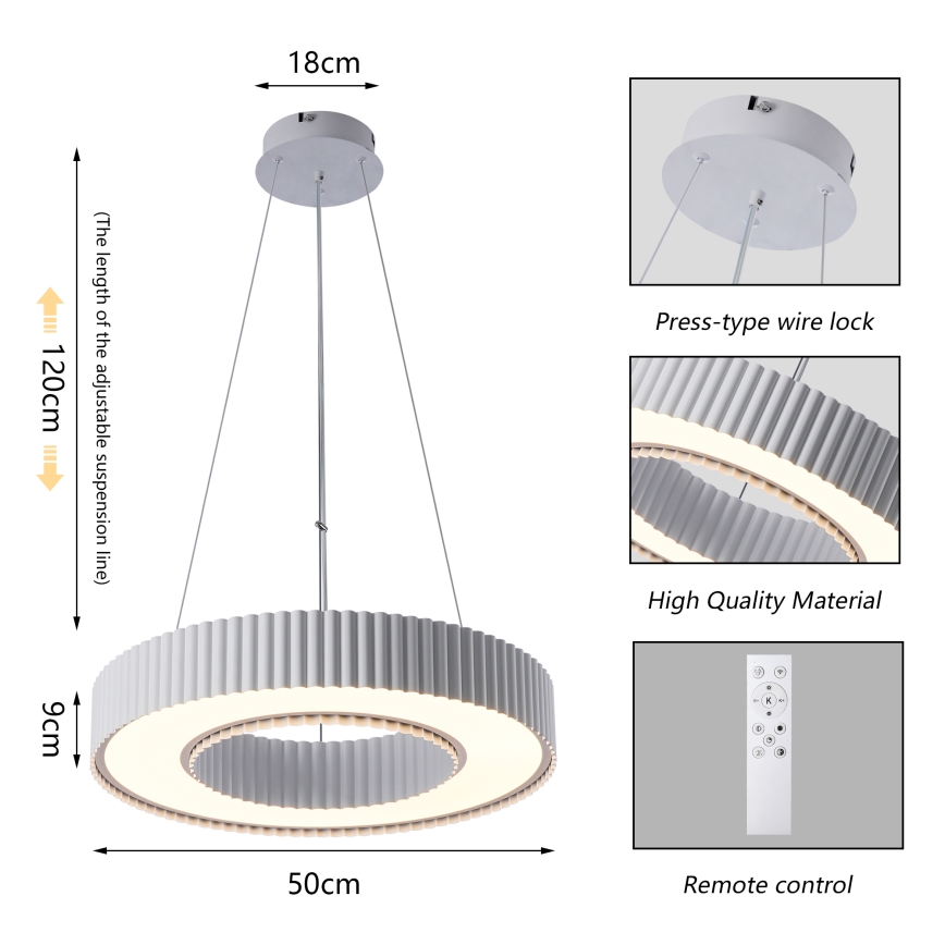 Brilagi - LUMIX, fényerőszabályozható sodronykábeles LED csillár, 48W/230V, 3000-6000K, fehér, átmérő 50 cm + távirányító