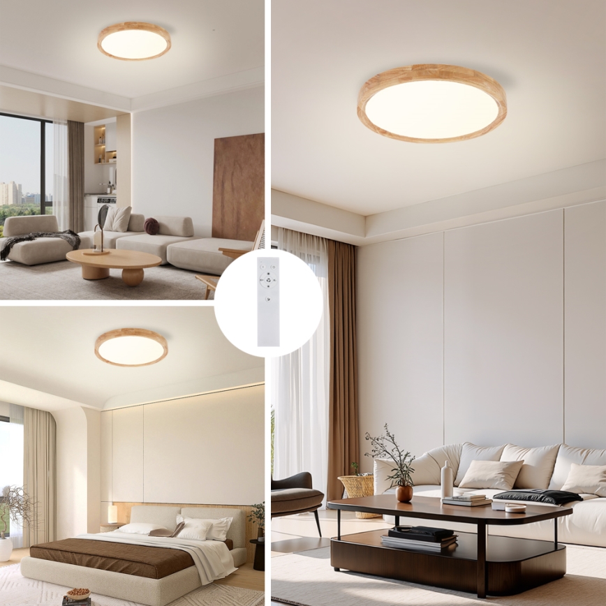 Brilagi - WOODROUND dimmelhető LED mennyezeti lámpa 30 W/230 V, állítható színhőmérséklet 3000–6000 K, Ø 40 cm, fa, CRI 90 + távirányító