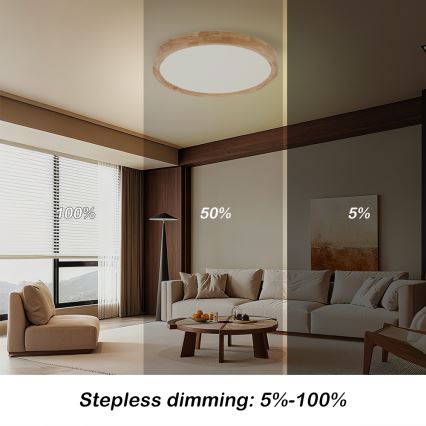 Brilagi - WOODROUND dimmelhető LED mennyezeti lámpa 30 W/230 V, állítható színhőmérséklet 3000–6000 K, Ø 40 cm, fa, CRI 90 + távirányító