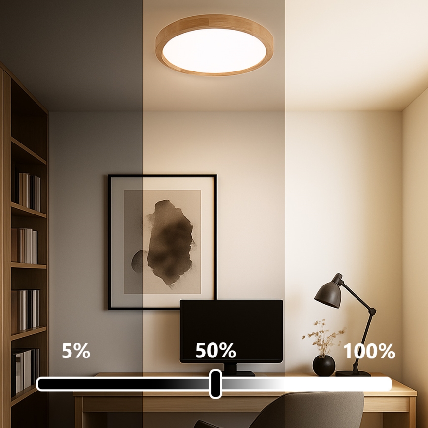 Brilagi - WOODROUND dimmelhető LED mennyezeti lámpa 30 W/230 V, állítható színhőmérséklet 3000–6000 K, Ø 40 cm, fa, CRI 90 + távirányító