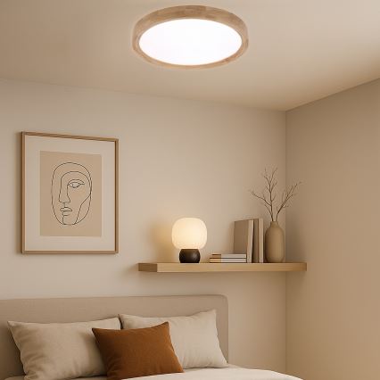 Brilagi - WOODROUND dimmelhető LED mennyezeti lámpa 30 W/230 V, állítható színhőmérséklet 3000–6000 K, Ø 40 cm, fa, CRI 90 + távirányító