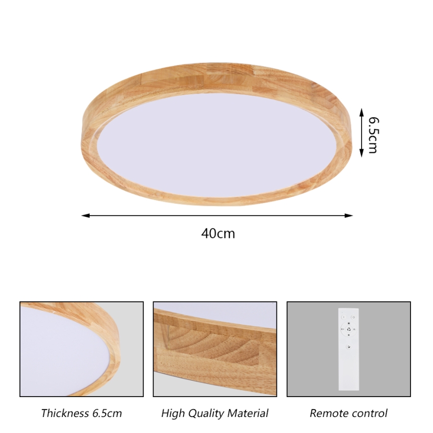 Brilagi - WOODROUND dimmelhető LED mennyezeti lámpa 30 W/230 V, állítható színhőmérséklet 3000–6000 K, Ø 40 cm, fa, CRI 90 + távirányító