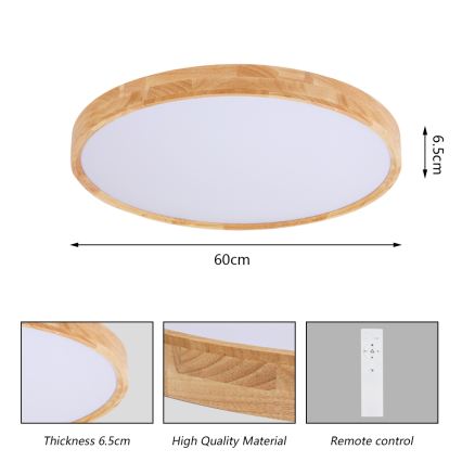 Brilagi - LED fényerőszabályozható mennyezeti lámpatest WOODROUND LED/40W/230V 3000-6000K átm. 60 cm fa CRI 90 + távirányítóval