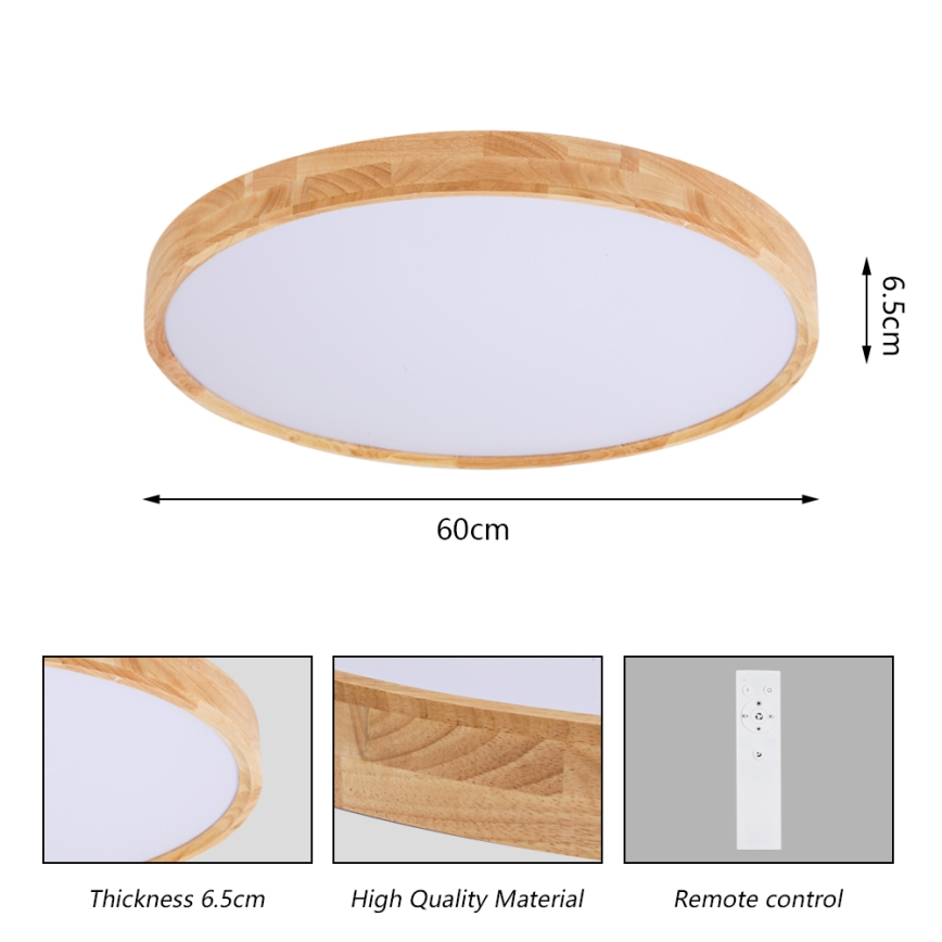 Brilagi - LED fényerőszabályozható mennyezeti lámpatest WOODROUND LED/40W/230V 3000-6000K átm. 60 cm fa CRI 90 + távirányítóval