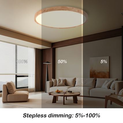 Brilagi - LED dimmelhető mennyezeti lámpatest WOODROUND LED/70W/230V 3000-6000K átmérő 80 cm fa CRI 90 + távirányító