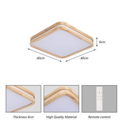 Brilagi - LED dimmelhető mennyezeti lámpatest MOLINA SQUARE LED/48W/230V 3000-6000K tölgy 40x40 cm + távirányítóval
