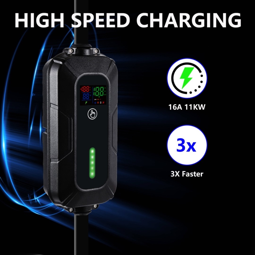 Brilagi - EV utazó töltőállomás elektromos autókhoz FAST AC Típus 2 16A/380V 11kW + dugó 230V, 3,7kW 5m + tok
