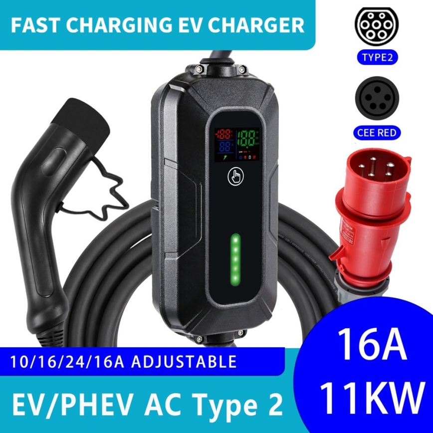 Brilagi - EV utazó töltőállomás elektromos autókhoz FAST AC Típus 2 16A/380V 11kW + dugó 230V, 3,7kW 5m + tok