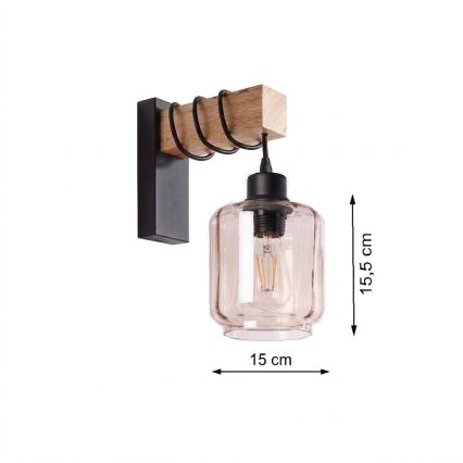 Brilagi - Fali lámpa WOOD GLASS 1xE27/60W/230V fenyő/fekete/füstös bézs