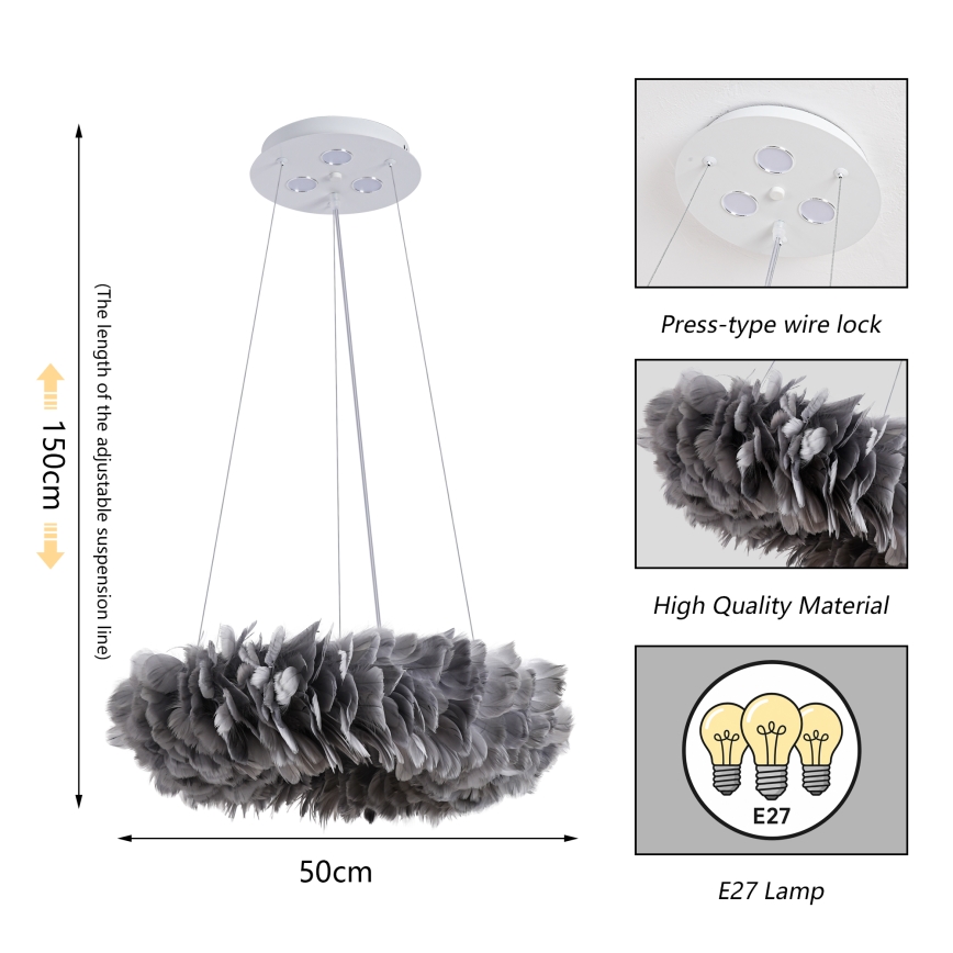 Brilagi - FEATHER LED csillár kábelen 3xE27/40W/230V + 3xLED/3W, átm. 50 cm, szürke