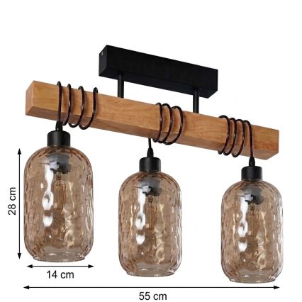 Brilagi - Felületre szerelhető csillár WOOD GLASS 3xE27/60W/230V fenyő/fekete/füstbarna