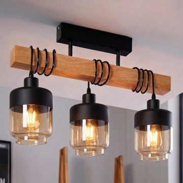 Brilagi - Felületre szerelhető csillár WOOD GLASS 3xE27/60W/230V fenyő/fekete/füstbarna