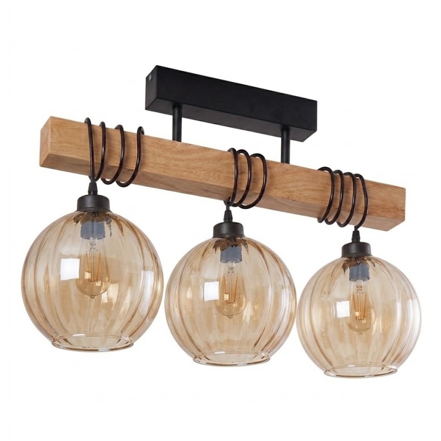 Brilagi - Plafonra szerelhető csillár WOOD GLASS 3xE27/60W/230V fenyő/fekete/füstös barna