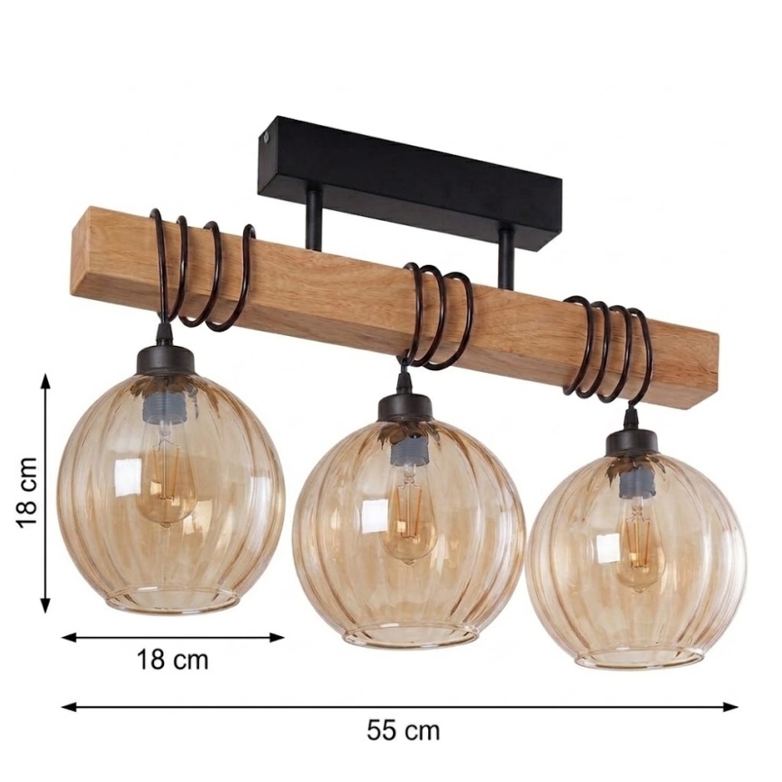 Brilagi - Plafonra szerelhető csillár WOOD GLASS 3xE27/60W/230V fenyő/fekete/füstös barna