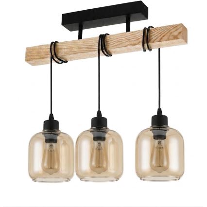 Brilagi - Felületre szerelhető csillár WOOD GLASS 3xE27/60W/230V fenyő/fekete/füstös barna
