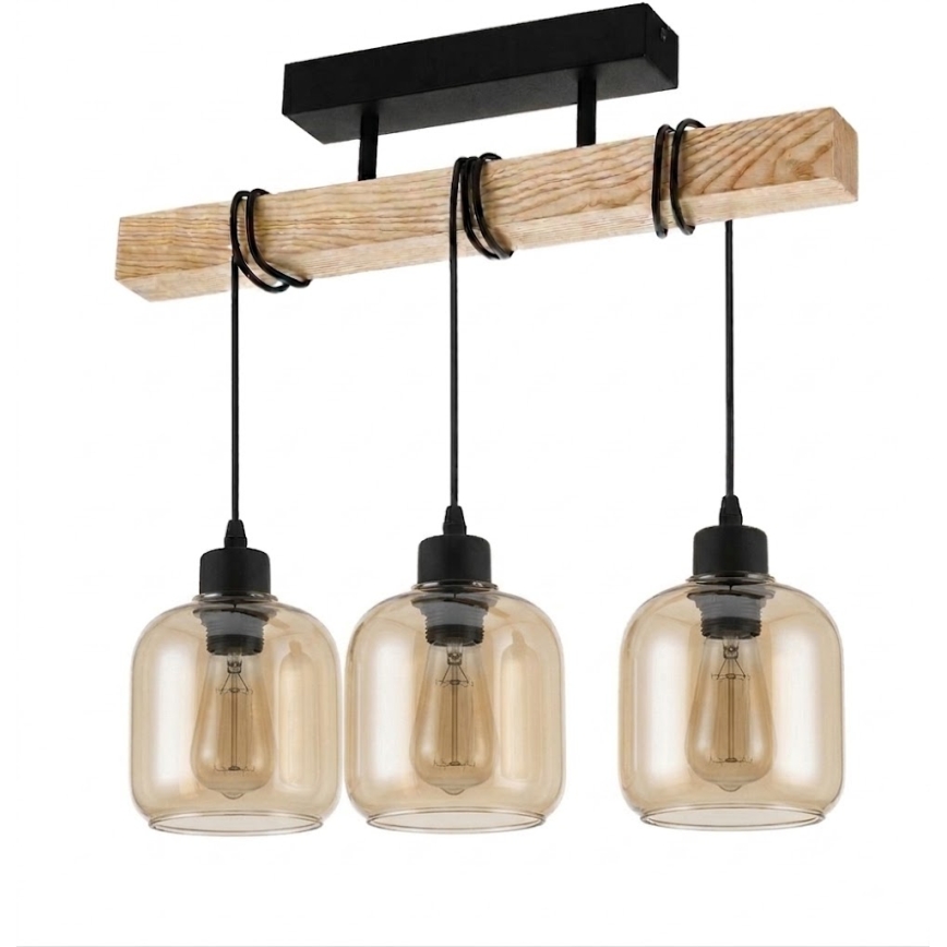 Brilagi - Felületre szerelhető csillár WOOD GLASS 3xE27/60W/230V fenyő/fekete/füstös barna