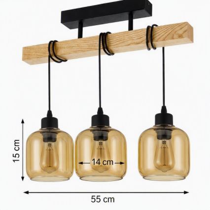 Brilagi - Felületre szerelhető csillár WOOD GLASS 3xE27/60W/230V fenyő/fekete/füstös barna