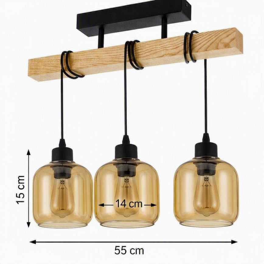 Brilagi - Felületre szerelhető csillár WOOD GLASS 3xE27/60W/230V fenyő/fekete/füstös barna