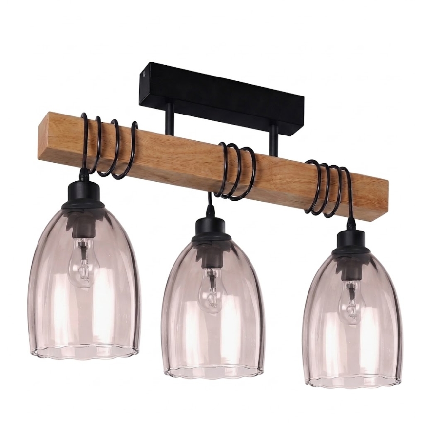 Brilagi - Felületre szerelhető csillár WOOD GLASS 3xE27/60W/230V fenyő/fekete/füstös bézs