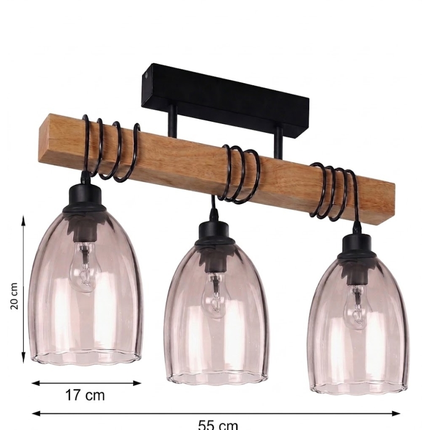 Brilagi - Felületre szerelhető csillár WOOD GLASS 3xE27/60W/230V fenyő/fekete/füstös bézs