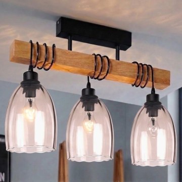 Brilagi - Felületre szerelhető csillár WOOD GLASS 3xE27/60W/230V fenyő/fekete/füstös bézs