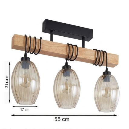 Brilagi - Felületre szerelt csillár WOOD GLASS 3xE27/60W/230V fenyő/fekete/füstös bézs