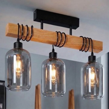 Brilagi - Felületre szerelhető csillár WOOD GLASS 3xE27/60W/230V fenyő/fekete/füstszürke