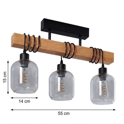Brilagi - Felületre szerelt csillár WOOD GLASS 3xE27/60W/230V fenyő/fekete/füstszürke