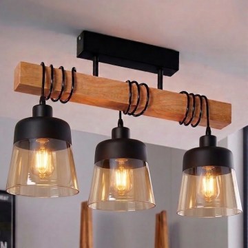 Brilagi - Felületre szerelhető WOOD GLASS csillár 3xE27/60W/230V fenyő/fekete/füstös barna