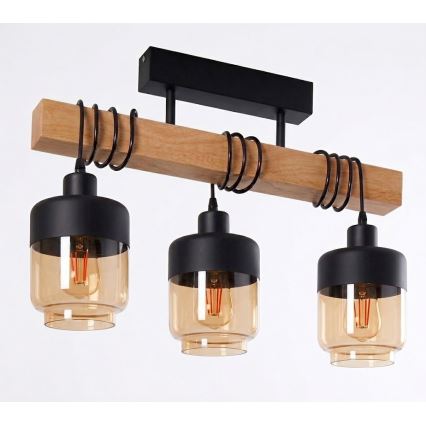 Brilagi - Felületre szerelhető csillár WOOD GLASS 3xE27/60W/230V fenyő/fekete/füstbarna