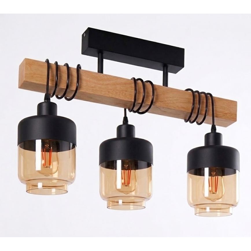 Brilagi - Felületre szerelhető csillár WOOD GLASS 3xE27/60W/230V fenyő/fekete/füstbarna